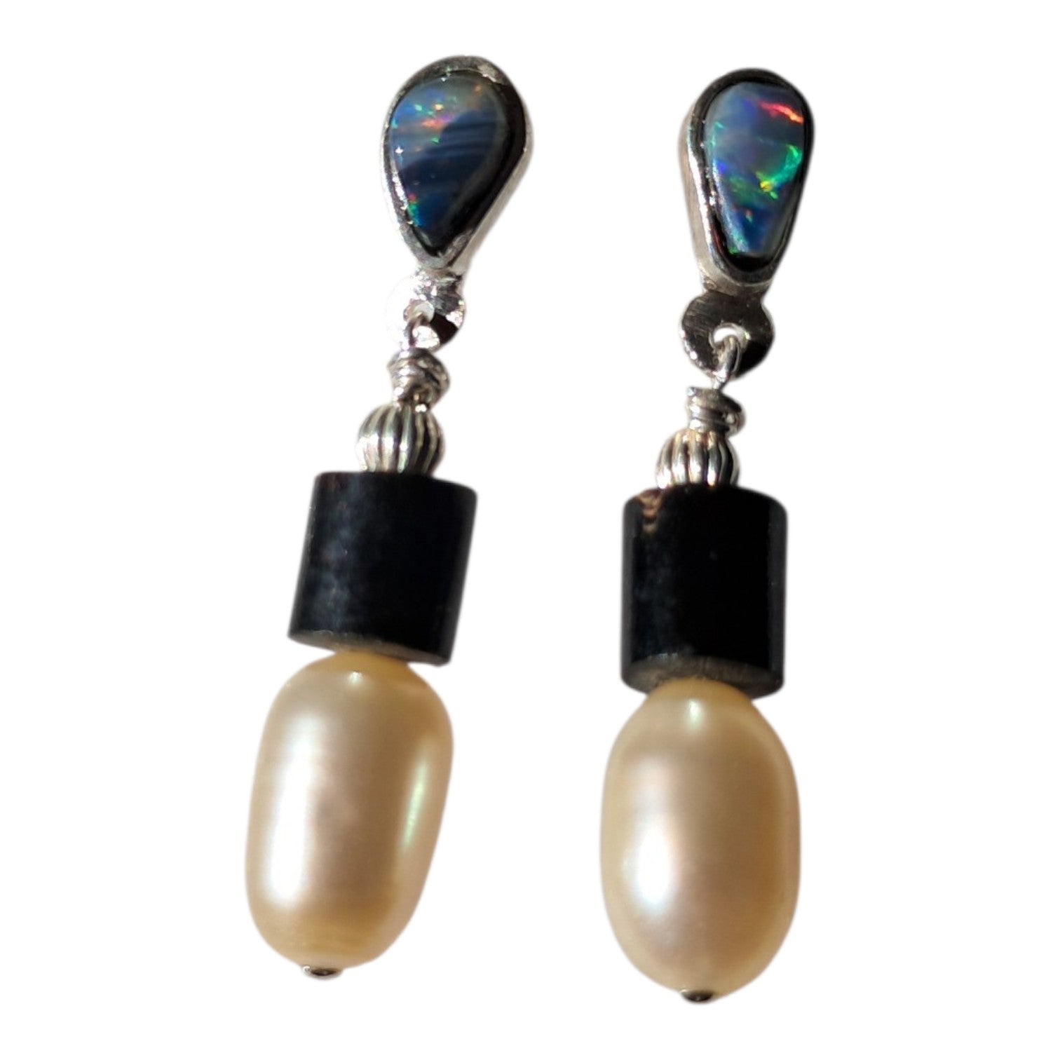 Earrings with genuine black seam opals, re-used black coral and fresh water pearls