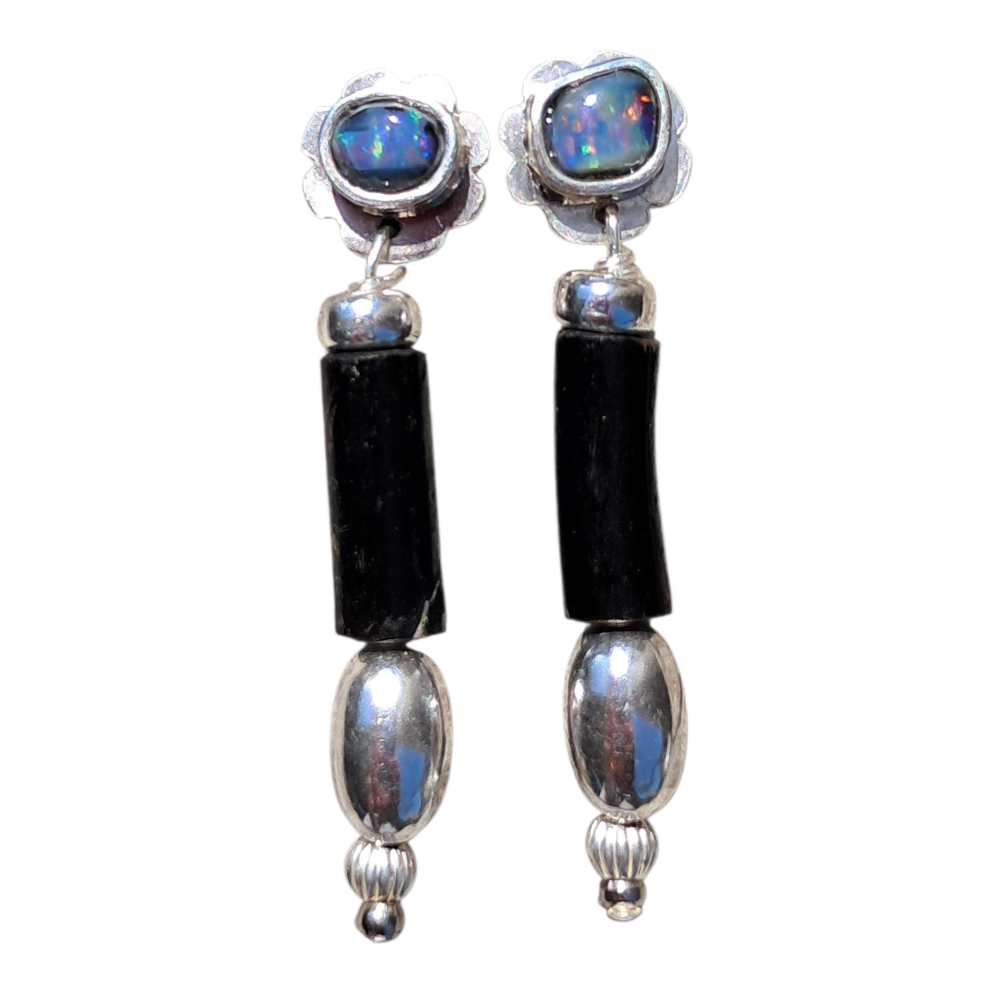 Ancient Ocean & Earth earrings with genuine black seam opals and reclaimed black coral