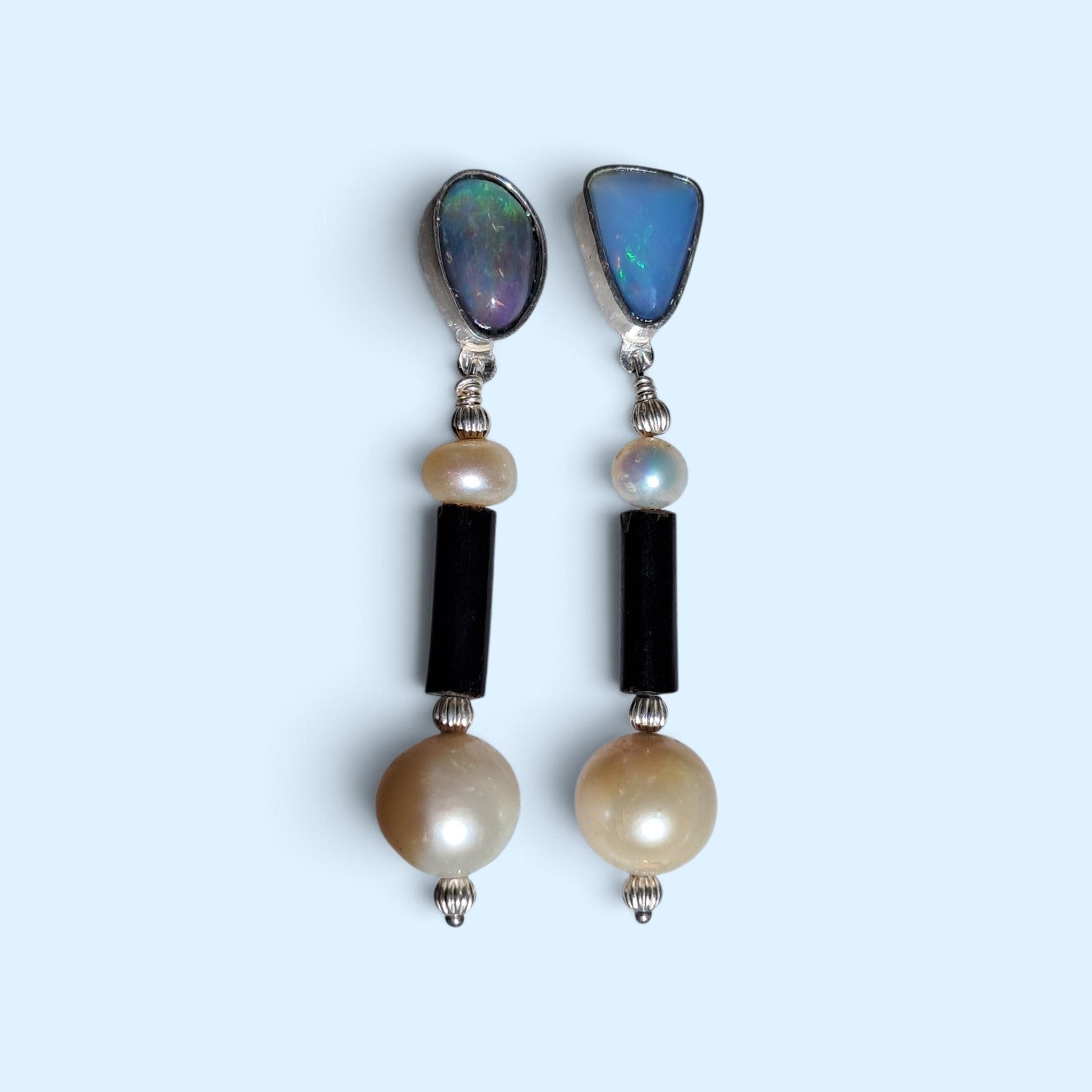 Genuine Honduran Crystal Opal earrings with reclaimed black coral and sweet water pearls