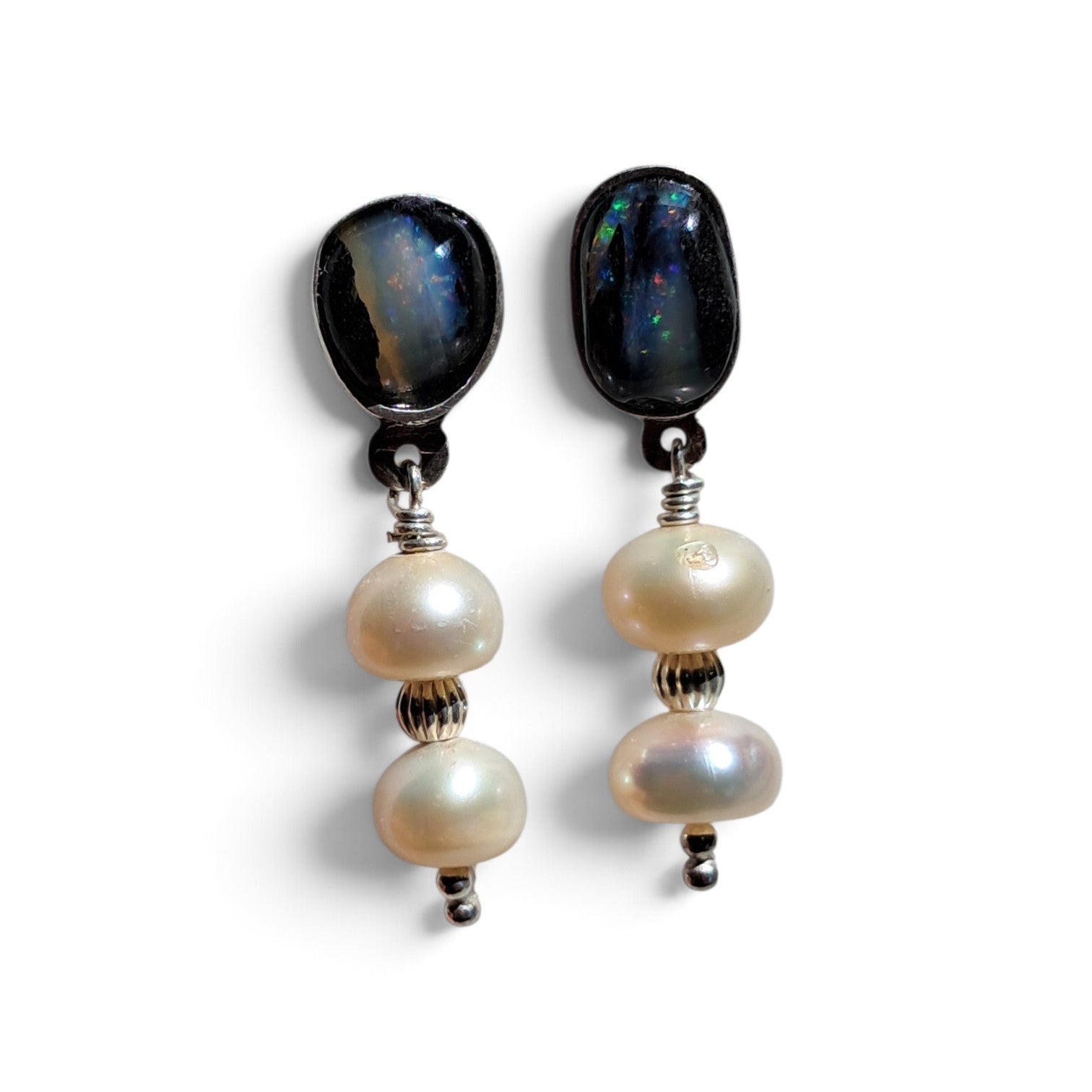 Genuine Honduran Black Seam Opal & Pearl Earrings; a captivating play of light and contrast.