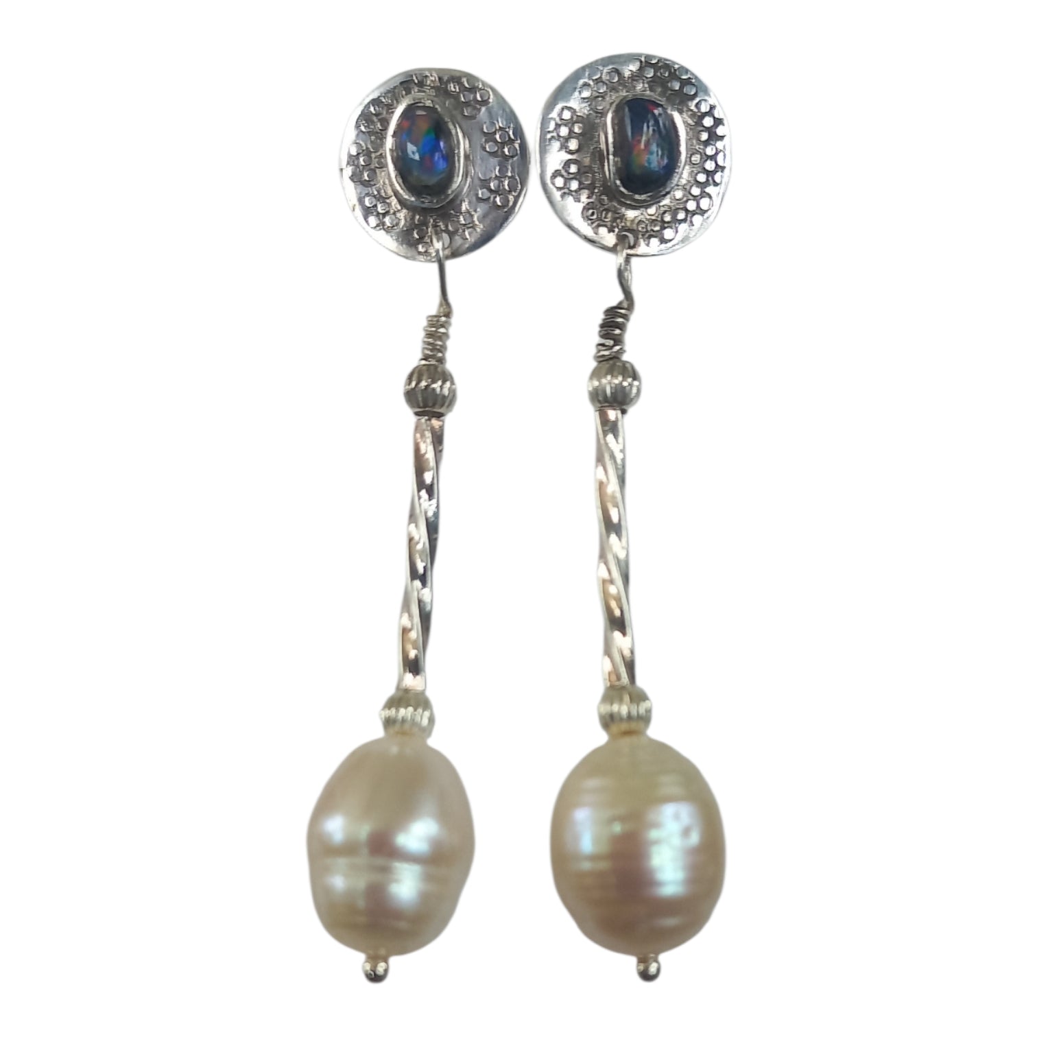 Drop earrings with genuine black seam opals and freshwater pearls