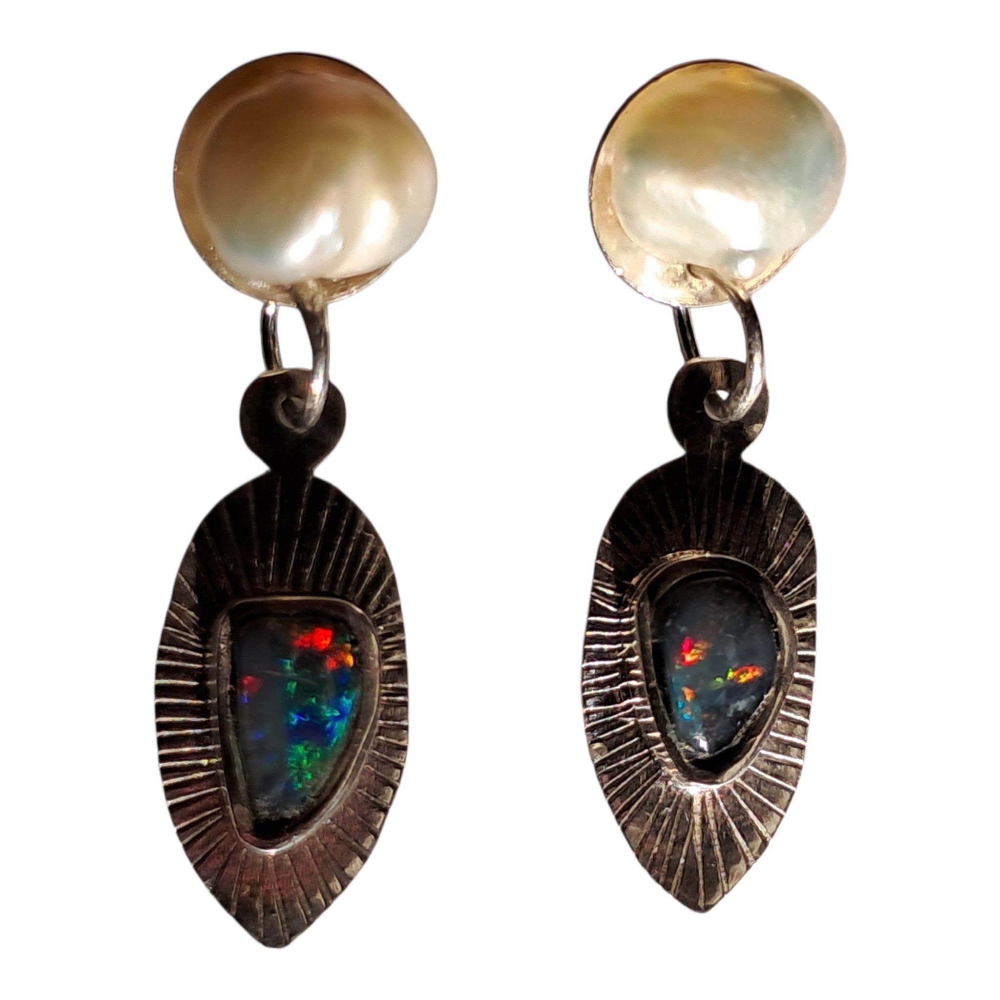 Earrings with sweet water pearls and genuine black seam opals