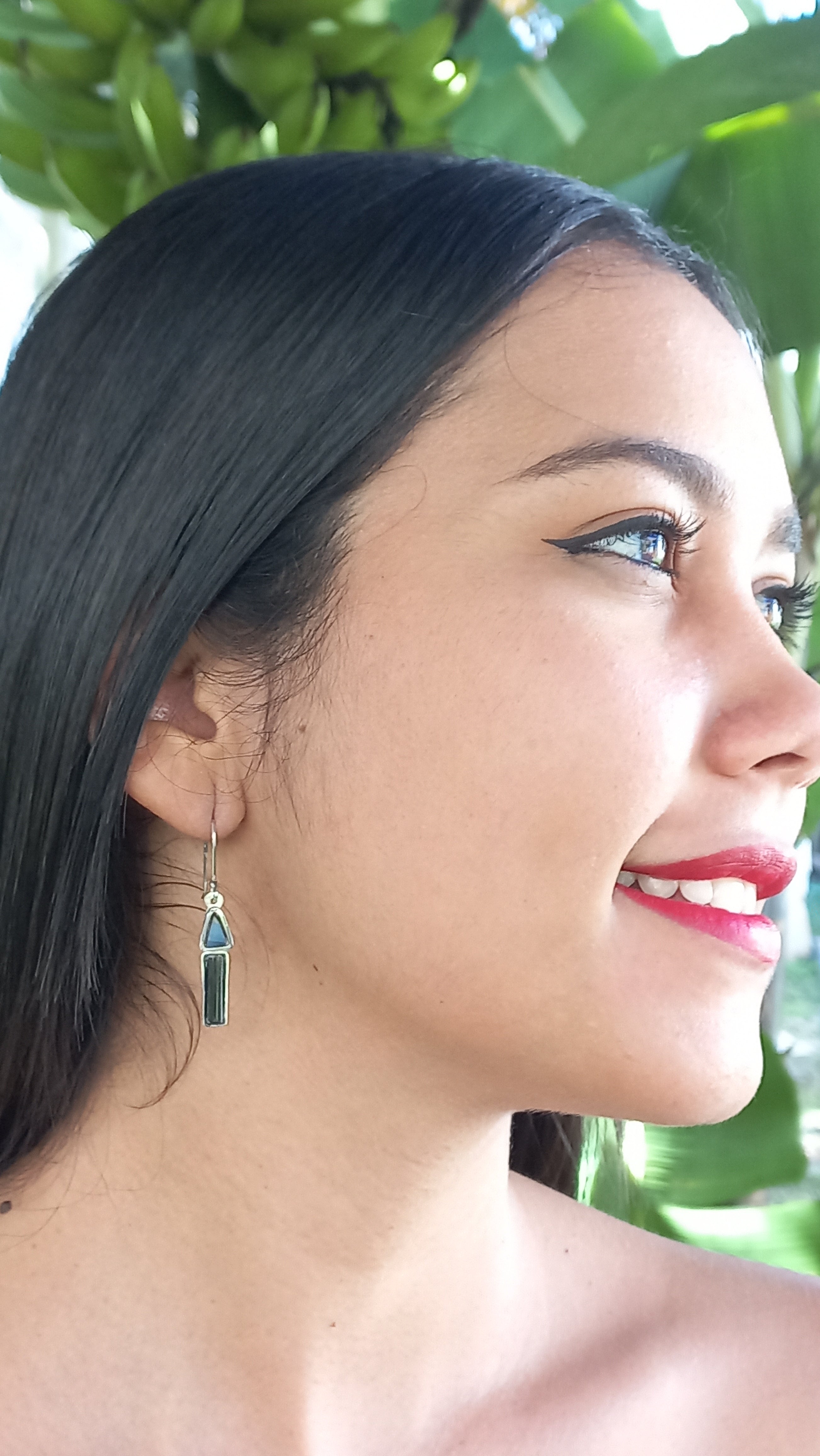 Earrings with natural black opals and re-used black coral