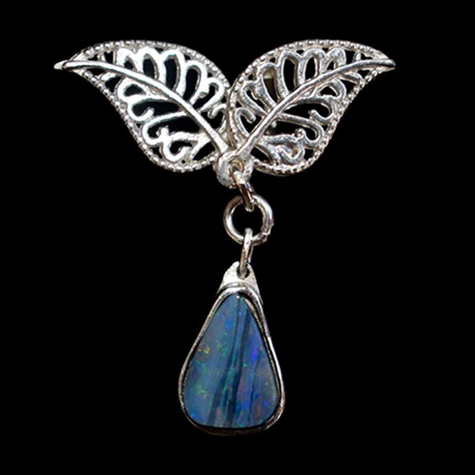 Tropical leaves, sterling silver pendant with natural black opal