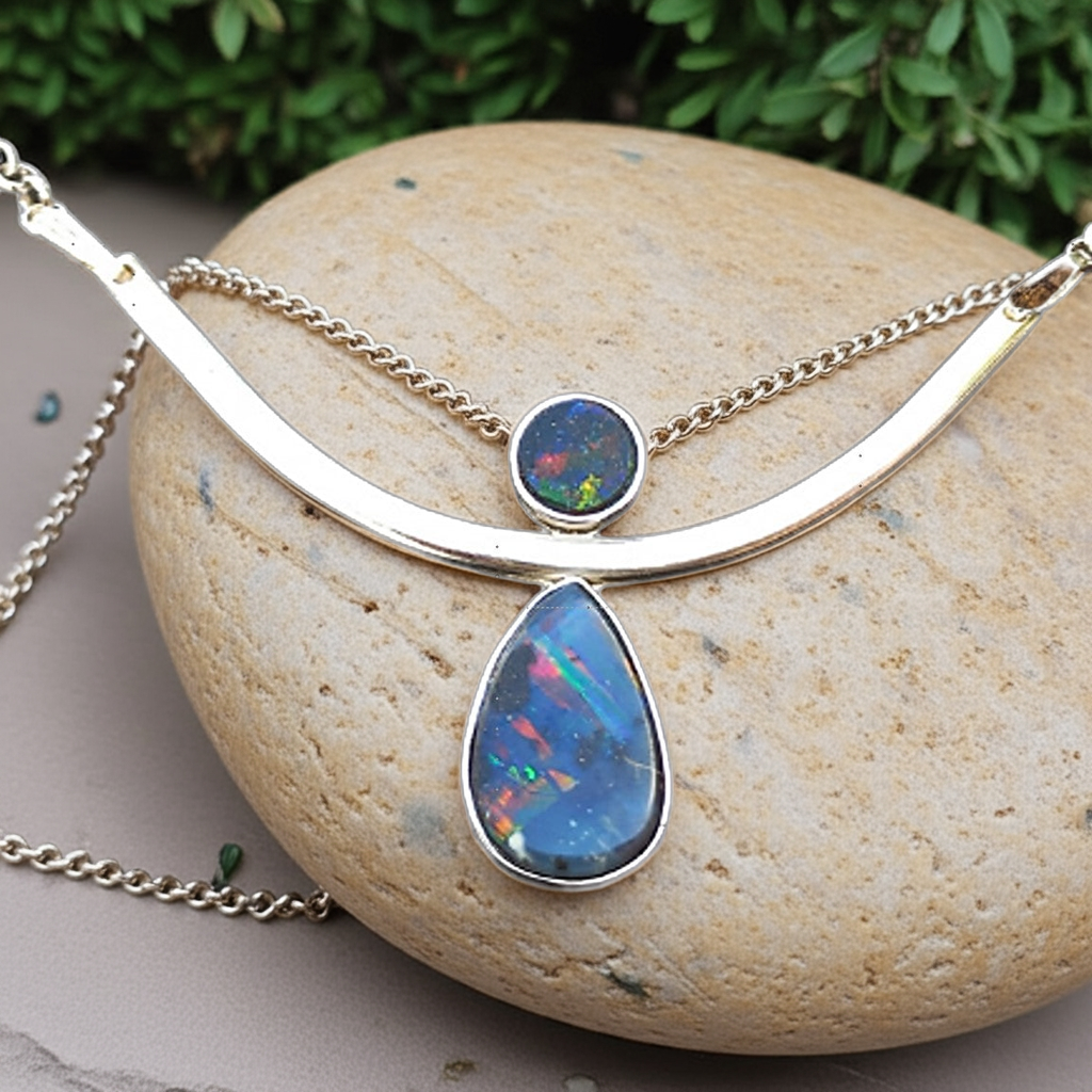 Necklace with opal stones on a stone surface with greenery in the background