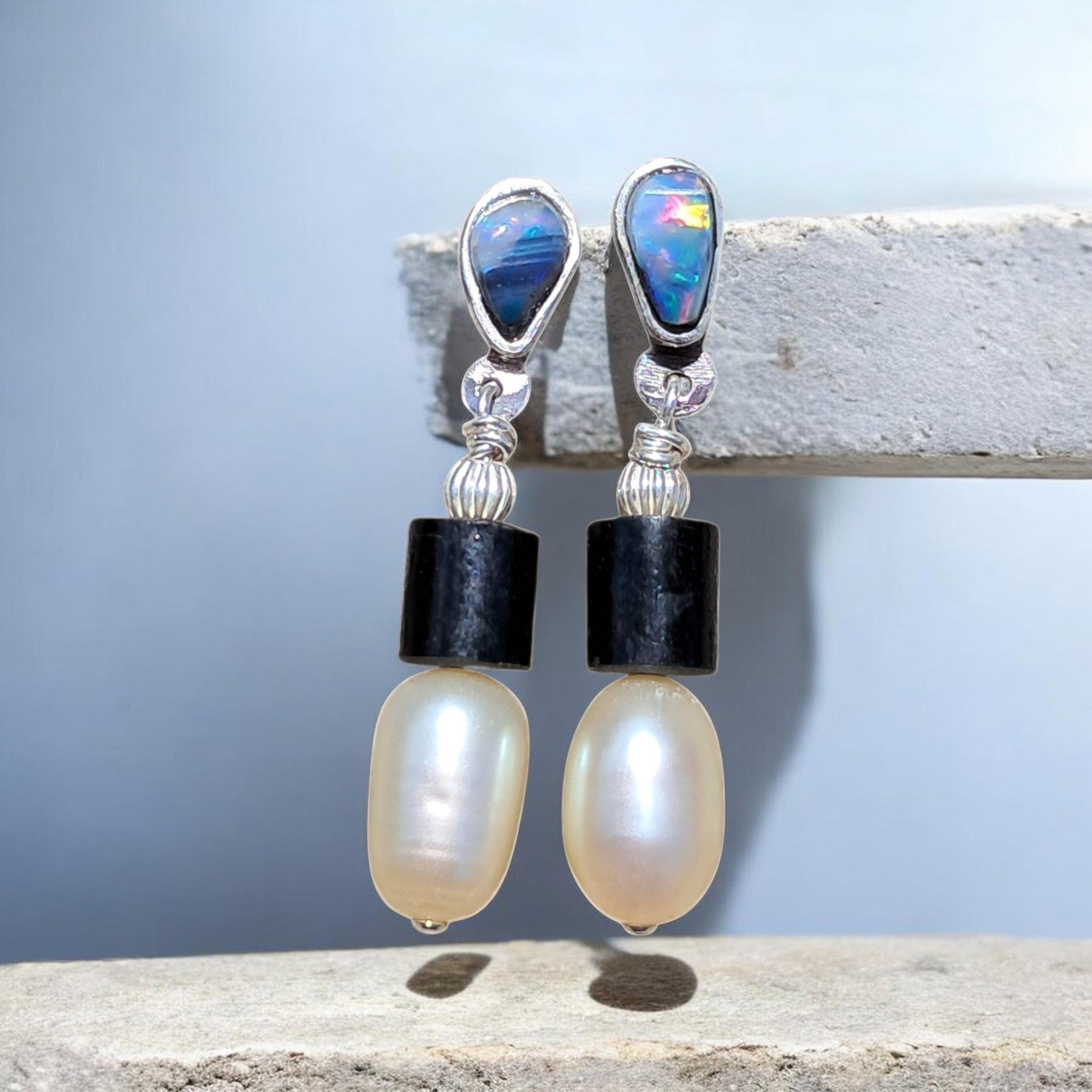 Earrings with genuine black seam opals, re-used black coral and fresh water pearls