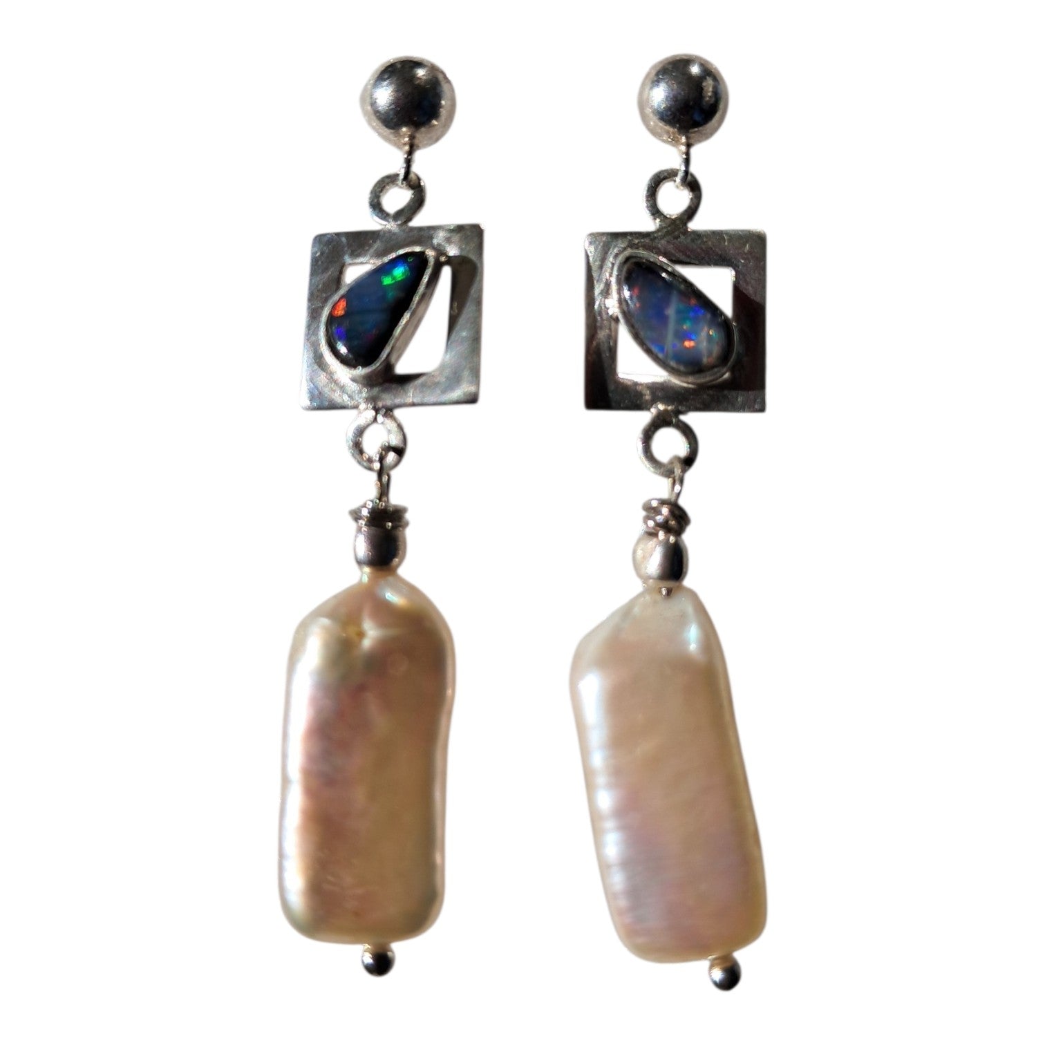 Earrings with genuine black seam opal and sweet water pearls