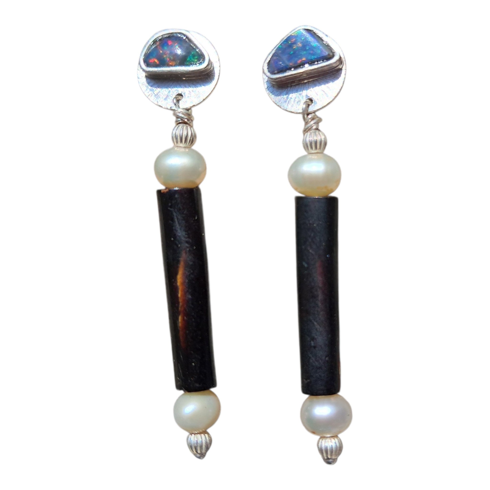 Earrings with genuine black seam opals and reclaimed black coral