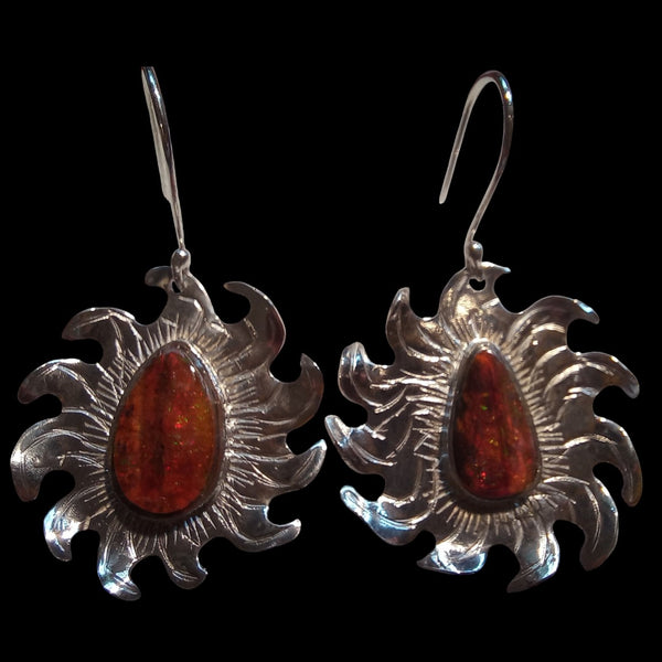 Fiery Red-Orange Sunburst Opal Earrings