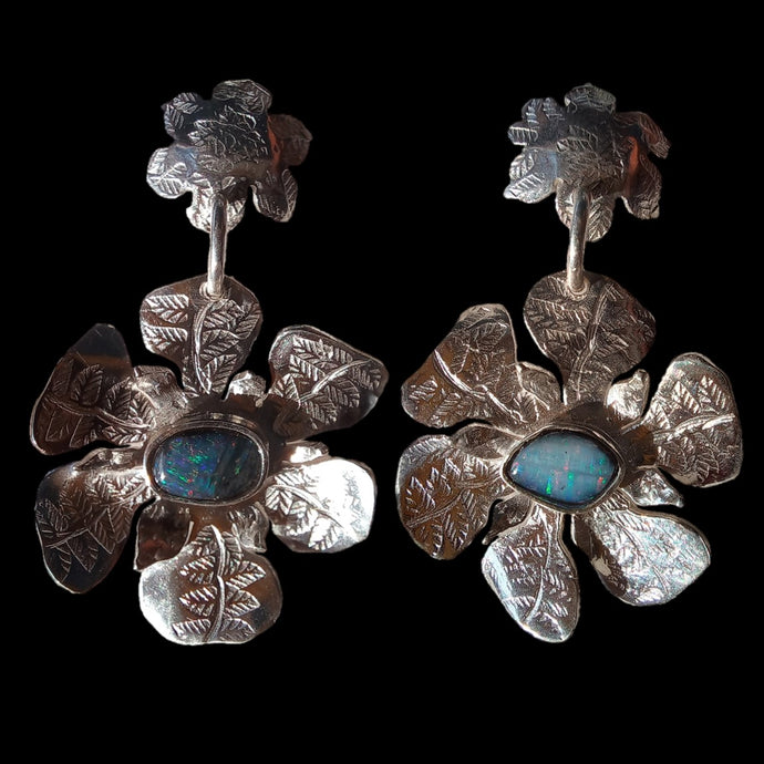 Flower earrings with genuine black opals