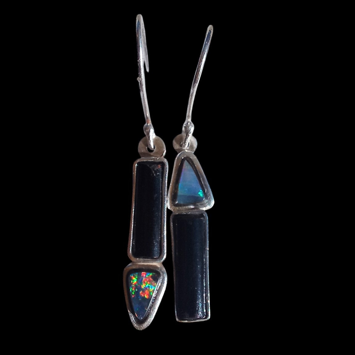 Earrings with natural  black opals and re-used black coral