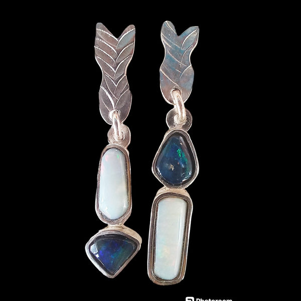 White & Blue Seam Opal Earrings