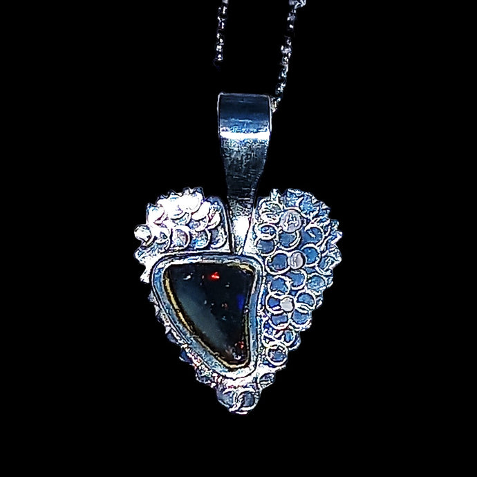 Heart pendant, sterling silver with natural black opal. Handmade.