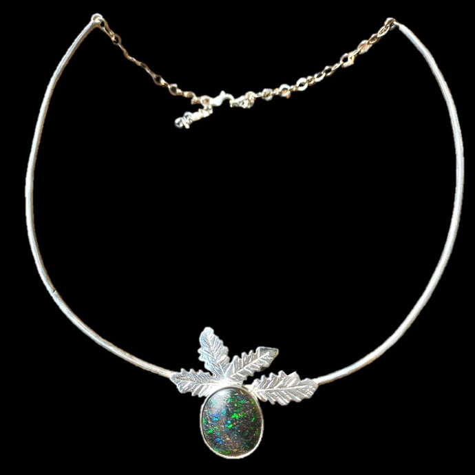 Leaf inspired sterling silver necklace with genuine matrix opal
