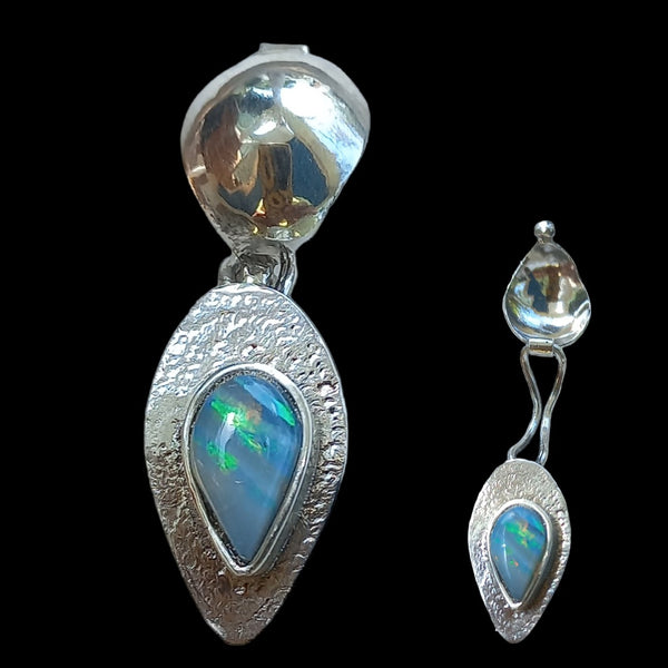 Handcrafted Sterling Silver Opal Drop Earrings – Iridescent Blue & Green Gemstone