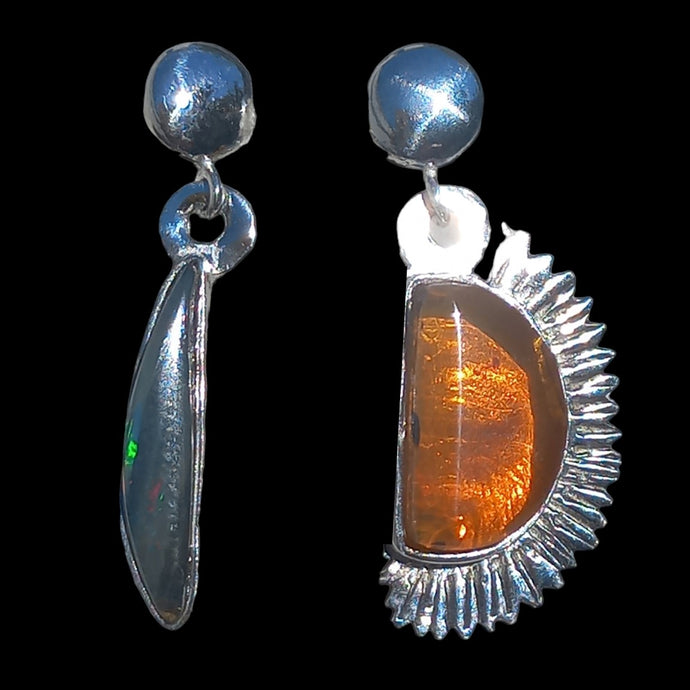 Sun and moon earrings with genuine fire and black-seam opal