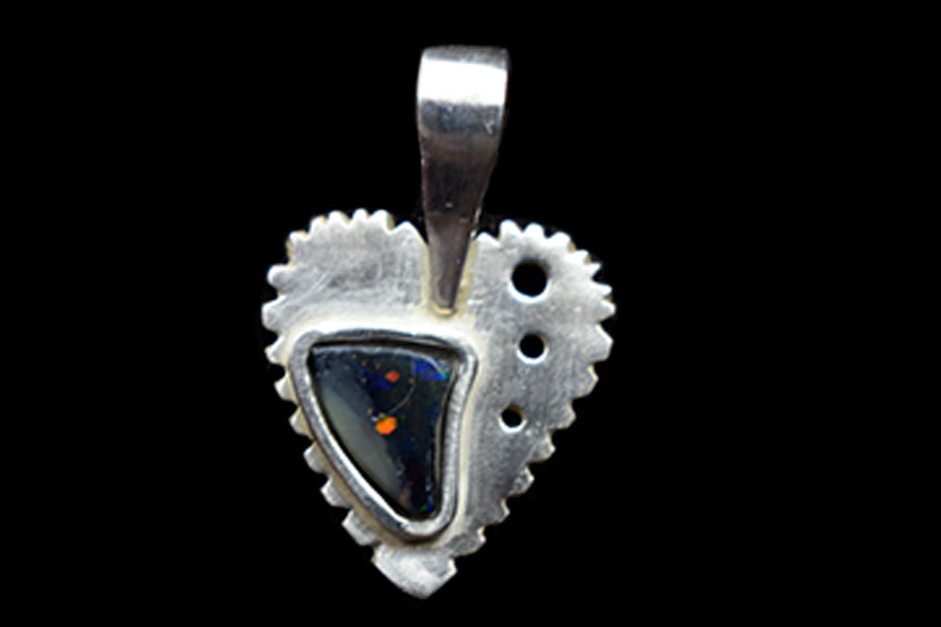 Heart pendant, sterling silver with natural black opal. Handmade.