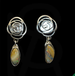 Flower sterling silver earrings with natural black opals