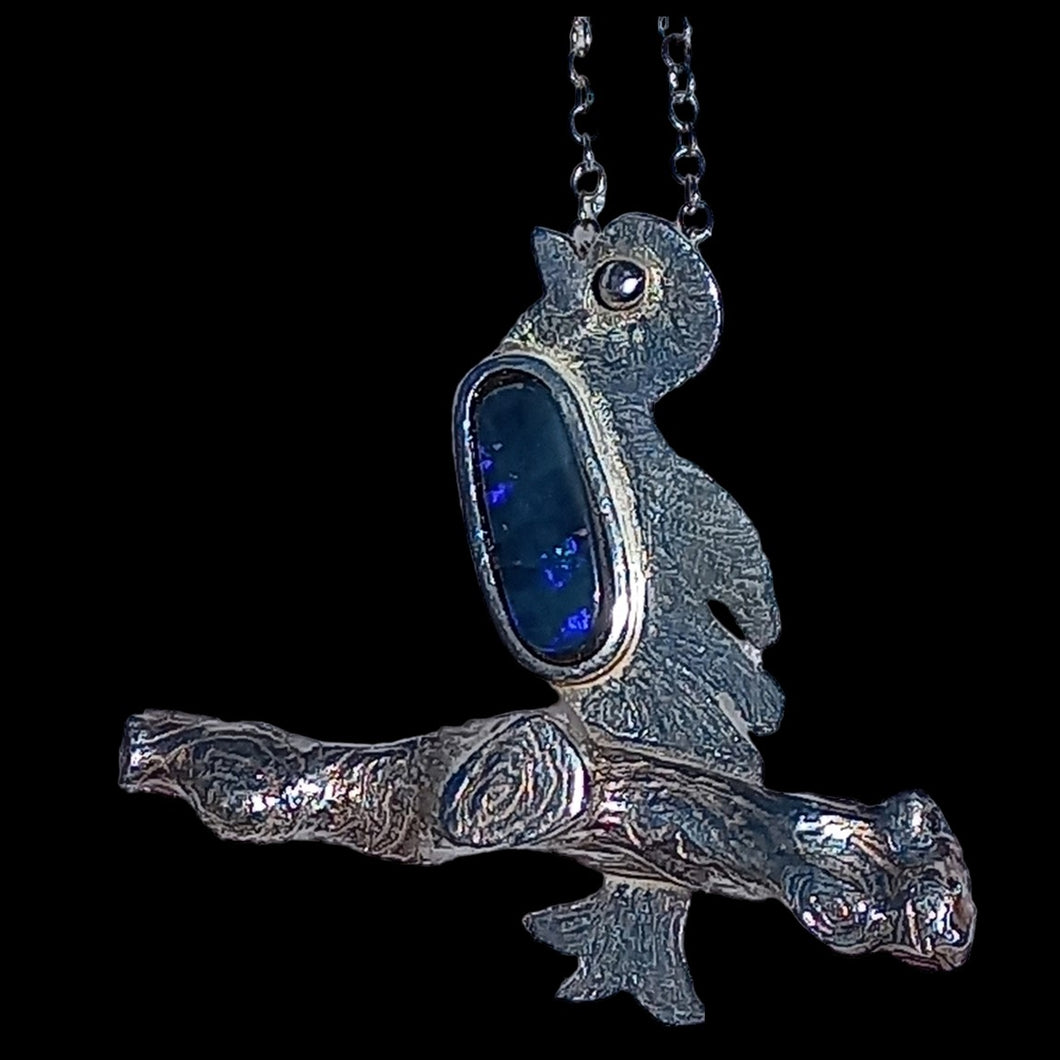 Bird watcher's joy pendant with natural black opal