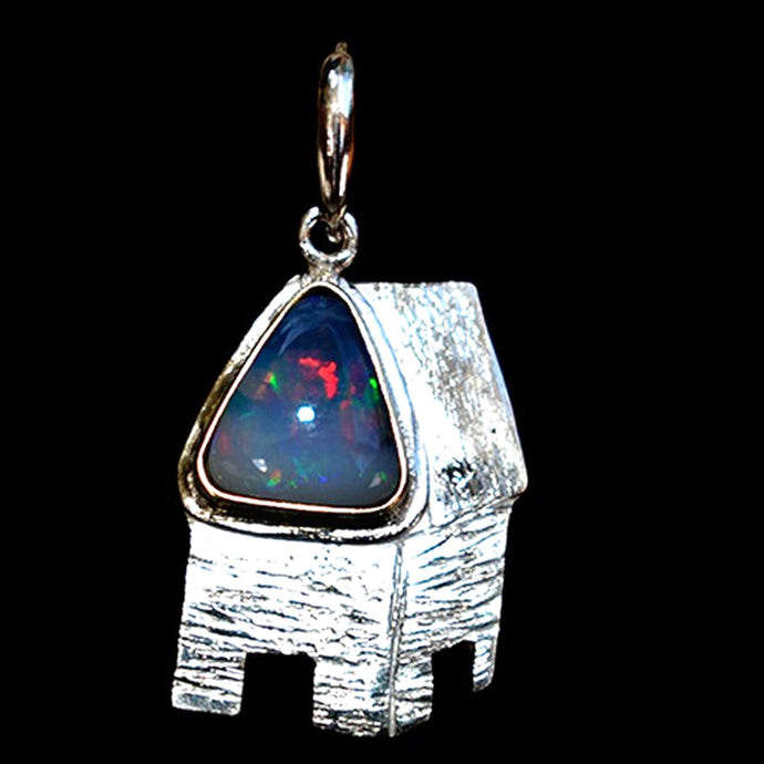 Traditional caribbean house, sterling silver pendant  with natural  black opal