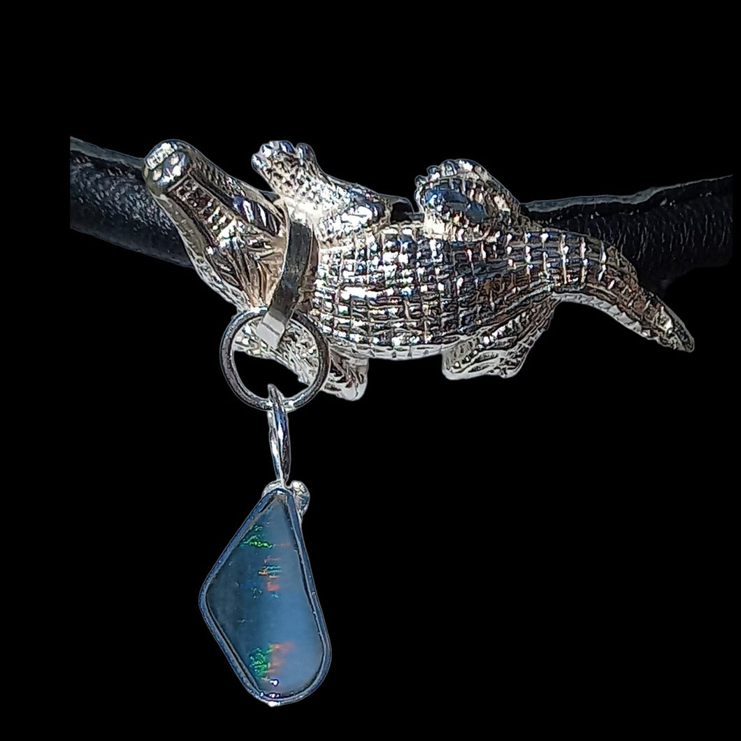 Crocodile centerpiece with natural black opal