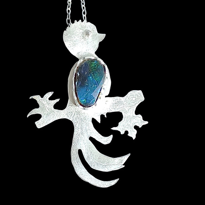 Quetzal bird pendant with black opal
