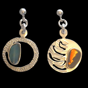 Earrings, water and fire with natural black opals