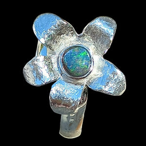 Hibiscus flower ring,  silver with natural black opal