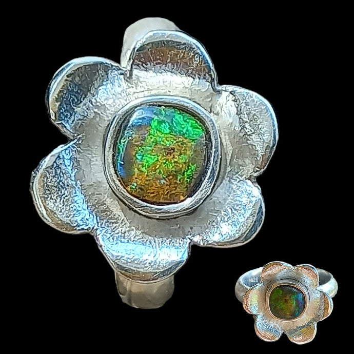 Flower ring with black opal