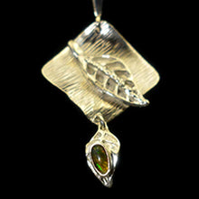 Tropical leaf sterling silver pendant with natural black opal
