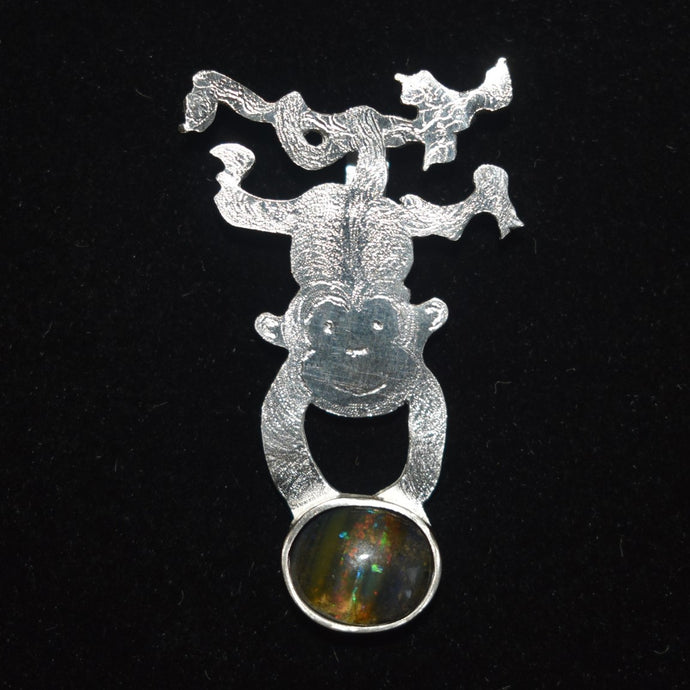 Playing monkey pendant with natural black opal